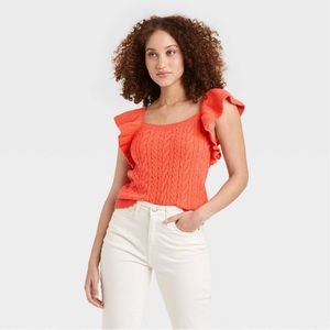 Women's Square Neck Ruffle Sweater Vest - A
New Day Orange Sizes L and S NWT